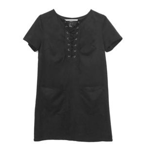 Black faux suede lace up front dress with POCKETS
